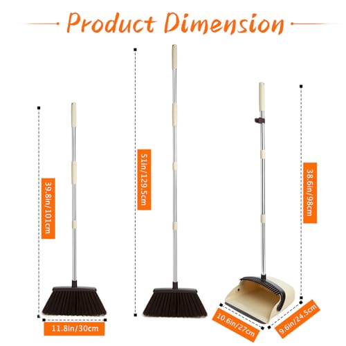 Broom and Dustpan Set, Dustpan Combo with 51" Stainless Steel Long Handle Brooms with 5-Layer Soft Bristles for Home Office Kitchen Bathroom(Beige) - color: Beige