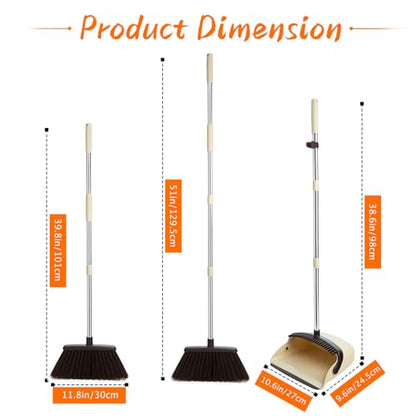 Broom and Dustpan Set, Dustpan Combo with 51" Stainless Steel Long Handle Brooms with 5-Layer Soft Bristles for Home Office Kitchen Bathroom(Beige) - color: Beige