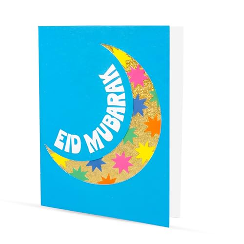 Eid Mubarak Greeting Card – Eid Mubarak Gift Card – Premium Folded Holiday Card with Envelope – Blue Crescent Moon and Star Design – 5.5" x 4.25" Single Card