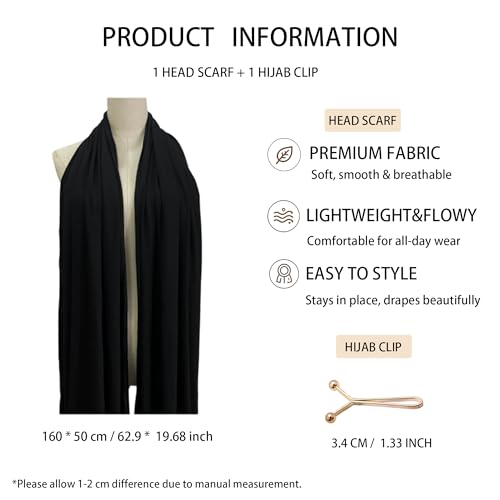 Jersey Hijab Scarf for Women,Lightweight Muslim Turban Head Scarf Modal Feel Hijab Coverings for Prayer with Clip - color: Black