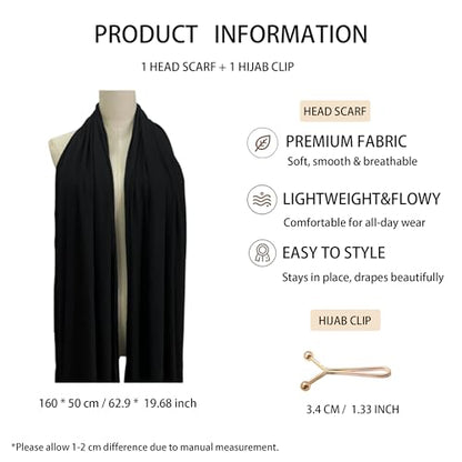 Jersey Hijab Scarf for Women,Lightweight Muslim Turban Head Scarf Modal Feel Hijab Coverings for Prayer with Clip - color: Black