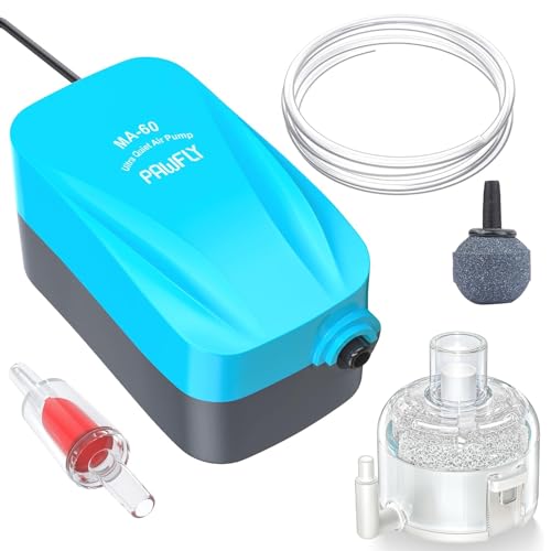 Pawfly Aquarium Compact Air Pump for 3-20 Gallon Buckets and Fish Tanks Quiet Oxygen Aerator Pump with Air Stone, Nano Bio Sponge Filter, Airline Tubing and Check Valve Accessories - size: 3-20 Gallon, style: With Bio Sponge Filter