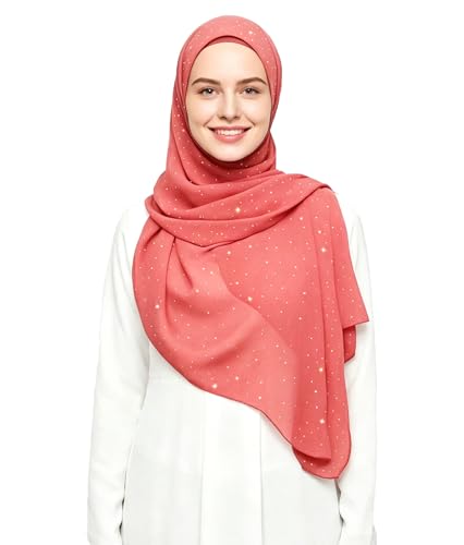 Lina & Lily Sparkle Shimmer Gold Glitter Women's Chiffon Hijab Head Scarf Shawl Wrap Lightweight - color: Coral