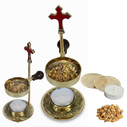 Holy Land Market Brass Incense Burner Kit, Bakhoor & Resin, Cross Model - color: Cross - Brass Burner
