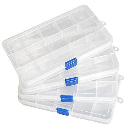 Qualsen Bead Organizer Box with Adjustable Dividers, 15 Girds, 4 Pack | Plastic Organizer Box with Dividers, Ideal as a Tackle Boxs for Beads, Jewelry, Crafts, Screws, Small Parts and More - size: 15 Gird-4pcs