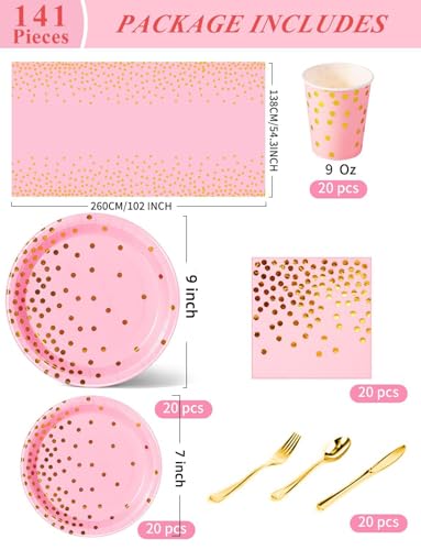 Nkaiso 141Pcs Pink Gold Paper Plates and Napkins Party Supplies-20 Guests - color: Pink and Gold