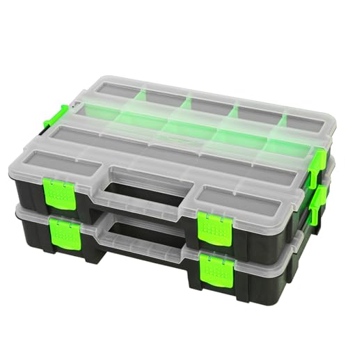 Jack Boss Tool Box with Transparent Lid, Single Side 17-Compartments Organizer Box with Removable Dividers for Hardware, Screws, Bolts, Nails, Beads, Jewelry and Fishing Accessories, Green, 2 Pack - color: Green, size: 2-PCS