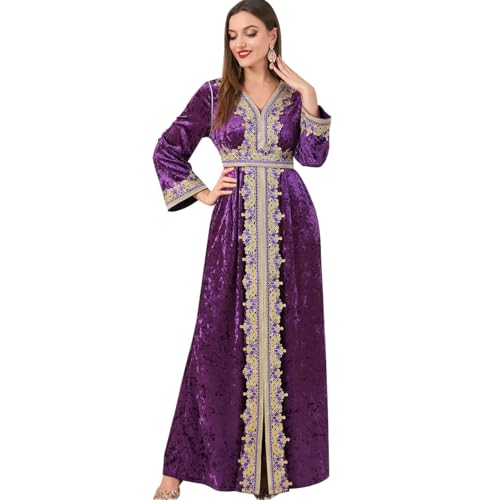 IDOPIP Muslim Women Velvet Dress Embroidery Abayas Long Sleeve V-Neck Moroccan Maxi Kaftan Dubai Robe Arabic Islamic Clothing - color: Purple, size: XX-Large