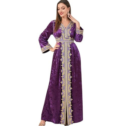 IDOPIP Muslim Women Velvet Dress Embroidery Abayas Long Sleeve V-Neck Moroccan Maxi Kaftan Dubai Robe Arabic Islamic Clothing - color: Purple, size: XX-Large