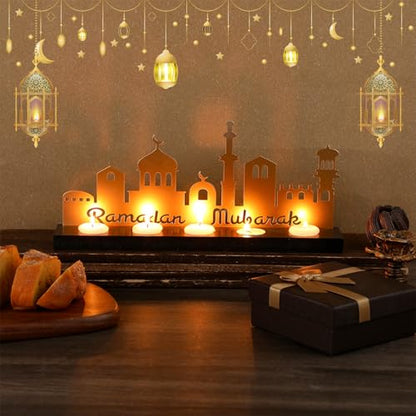 MorningRo Ramadan Mubarak Decorations Islamic Candle Holder with 5 Tea Candles Eid Mubarak Metal Sign with Wood Base Ramadan Kareem Table Centerpieces Eid Al Fitr Muslim Party Gifts - style: Classic