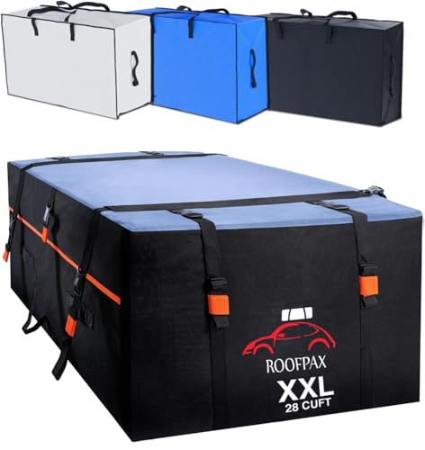 XXL 28 cuft Car Rooftop Cargo Carrier Bag Extra Waterproof Car Roof Storage with 10 Heavy Duty Tie Down Straps and 4 Hooks Roof Bag Cargo Carrier for Top of Vehicle with/Without Rack - size: 28 cubic feet