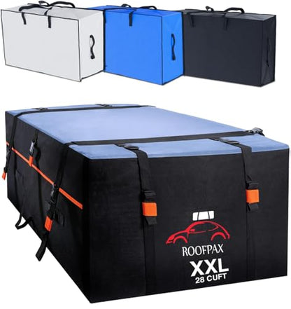 XXL 28 cuft Car Rooftop Cargo Carrier Bag Extra Waterproof Car Roof Storage with 10 Heavy Duty Tie Down Straps and 4 Hooks Roof Bag Cargo Carrier for Top of Vehicle with/Without Rack - size: 28 cubic feet