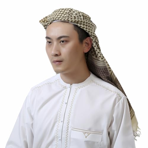 PURFUN Men's Large Arab Shemagh Headscarf Muslim Headcover Shawl Keffiyeh Arabic Scarf - color: Brown&beige/Cotton