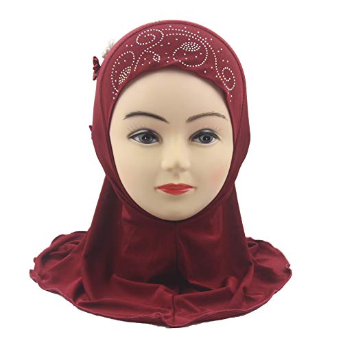 Instant Hijab for Kids Girls Hijabs Muslim Islamic Head Scarf with Rhinestone and Flowers - color: Red