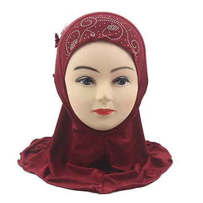 Instant Hijab for Kids Girls Hijabs Muslim Islamic Head Scarf with Rhinestone and Flowers - color: Red