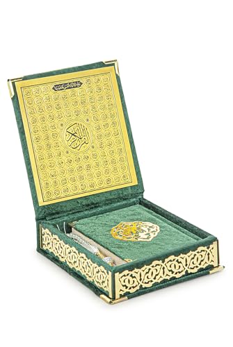 ihvan online, The Holy Qur'an Set, Islamic Prayer Gift Box with Pocket-sized Velvet Covered Quran, Tesbih, Inner Lid Names of Allah (Asmaul Husna), 3 Pieces for Ramadan & Eid & Dowry Gifts, Green - color: Green