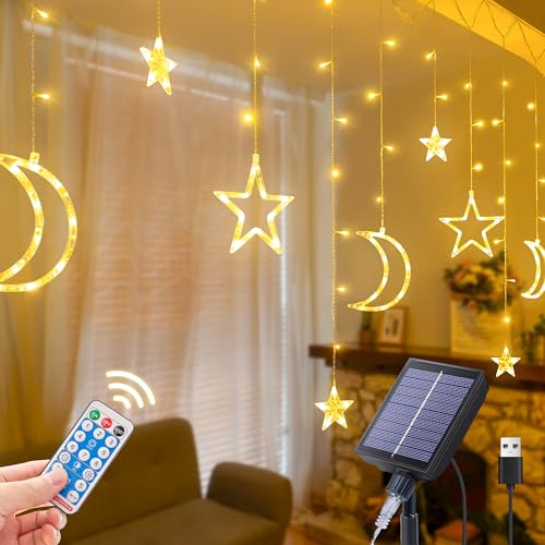 Ramadan Solar Icicle Lights,10.8ft 138 LED Outdoor Waterproof Moons Stars Curtain Window String with 8 Modes Timer Remote,USB Rechargeable Connectable Warm White Hanging Decor for Patio