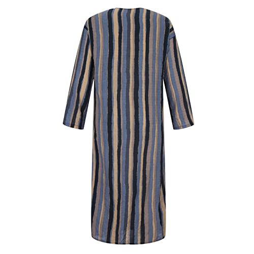 Men's Muslim Kaftan Thobe 3/4 Sleeve East Islamic Saudi Arabic Robes Lightweight Stripe Printed Dubai Caftan Gown - color: Blue, size: XX-Large