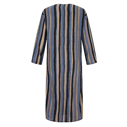 Men's Muslim Kaftan Thobe 3/4 Sleeve East Islamic Saudi Arabic Robes Lightweight Stripe Printed Dubai Caftan Gown - color: Blue, size: X-Large