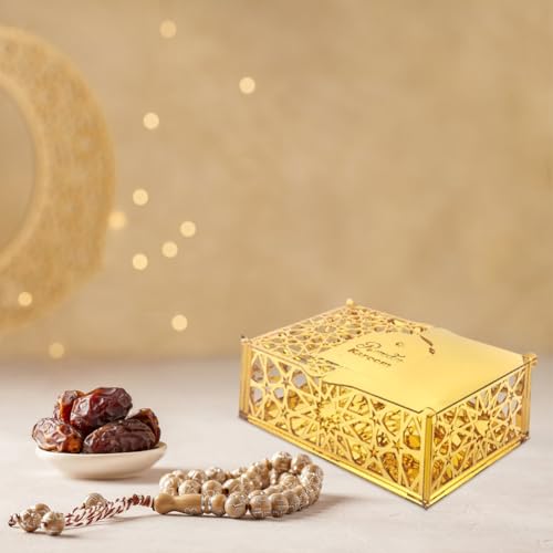 라마단 트레이 이드 무바라크 서빙 트레이 할로우 아크릴 거울 트레이 과일 접시 식기 디저트 스타 플래터 캔디 접시 보관 용기 DIY 디스플레이 홀더 라마단 이슬람 카림 파티 장식 - color: 골든 -S