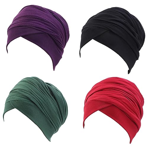 Turban Head Wrap Scarf,African Women' Soft Long Scarf Shawl Hair Bohemian Headwrap Stretch Headband Tie - color: Set 4-black+purple+wind Red+dark Green