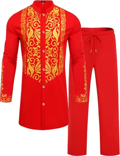Mens African 2 Piece Sets Dashiki Metallic Traditional Suit Gold Stamp Printed Shirt and Pants Outfit - color: Red, size: Small