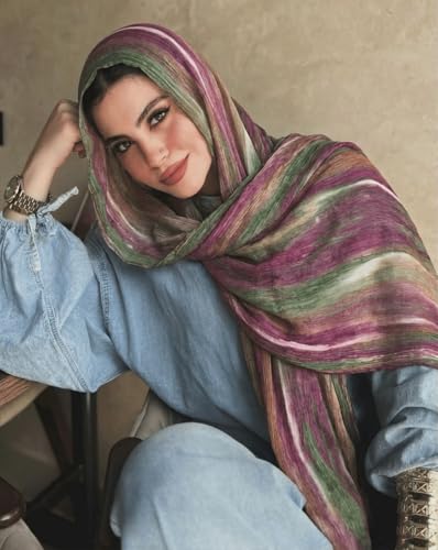 Women’s Gradient Tie Dye Hijab Scarf Soft Cotton Linen Headscarf Shawl Crinkle Printed Muslim Head Wrap - color: Color 2