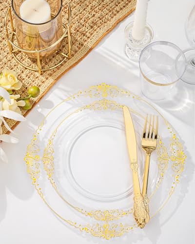 Nervure 175PCS Clear Gold Plastic Plates - Gold Disposable Dinnerware Set for 25 Guests Include 50 Disposable Plates, 75 Plastic Silverware, 25 Cups, 25 Napkins for Wedding & Party - color: Clear, style: 175Pcs(25Guests)