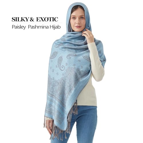 Reversible Paisley Pashmina Rave Scarf Shawl-Soft Silky Pashmina Wraps for Women Evening Dresses - color: E#. Style 5-light Blue
