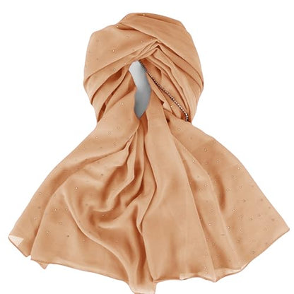 Hijab Scarf for Women Soft Chiffon Rhinestone Long Scarf Shawl Fashion Muslim Hijab Head Wrap Scarves - color: Camel