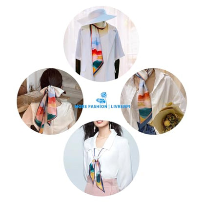 Silk Feeling Head Scarf Fashion Satin Hair Scarf Square Long Scarves for Women Gifts - color: 02 Sun Declined Westward /5.12 X 59 Inch
