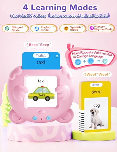 Spanish & English Talking Flash Cards for Toddlers, 510 Sight Words Bilingual Pink Educational Toys for Girls, Autism Sensory Speech Therapy Toys, Española Pocket Vocabulary Learning for Kids - size: 510-Spanish&English(pink)
