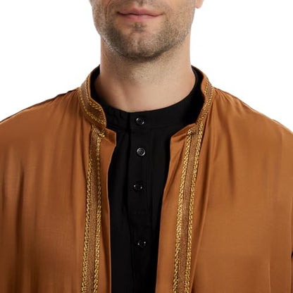 Qianliniuinc Thobe for Men Abaya Islamic Clothing - Muslim Kaftan Dubai Arabic Robe Loose Fit Casual Prayer Wear - color: Camel, size: Large
