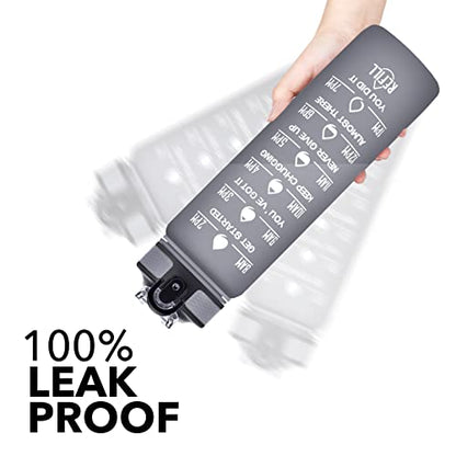 Hyeta Water Bottle with Straw & Time Marker, Plastic 32oz Leakproof | Motivational Tritan BPA Free Gym Office Outdoor Intake Tracker Hourly Reminder Straw Lid Carry Strap - color: Grey Matte