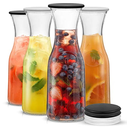 JoyJolt Glass Carafe with Lid, Set of 4 – 1 Liter Glass Pitcher for Mimosa Bar, Water, Iced Tea, Juice, Wine, Lemonade, Milk – Dishwasher Safe Beverage Drink Dispensers for Brunch, Parties - size: Set of 4, 36 Ounces each