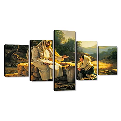 5 Panels Religious Jesus Wall Paintings Posters and Prints Jesus and the Samaritan Woman Modern Home Wall Decor Office Wall Art for Bathroom Dinning Room Wall Hanging Framed Ready to Hang-60 Wx32 H - color: Artwork-23, size: 60''Wx32''H
