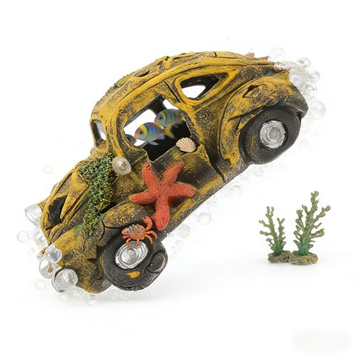 Resin Car Wreck Aquarium Decor, Realistic Fish Tank Hideout House Ornament, Safe for Small & Medium Fish, Dual Use for Indoor Aquariums & Outdoor Garden Water Features - color: Green