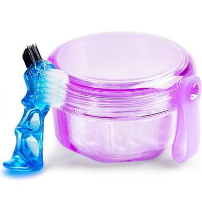 Leak Proof Purple Denture Cups for Soaking Dentures, Partial Denture Bath Case Travel Retainer Cleaning Container Case with Brush for Aligner, Denture, Mouth Guard - color: Transparent Purple