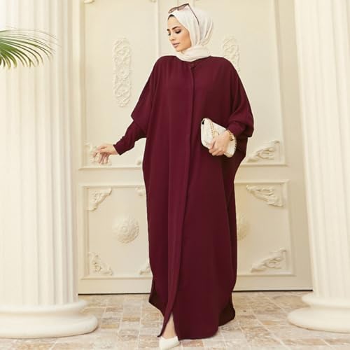 IKADEX Women Batwing Sleeve Abaya Button Loose Fit Long Maxi Muslim Dress Islamic Kaftan Prayer Robe - color: Wine Red