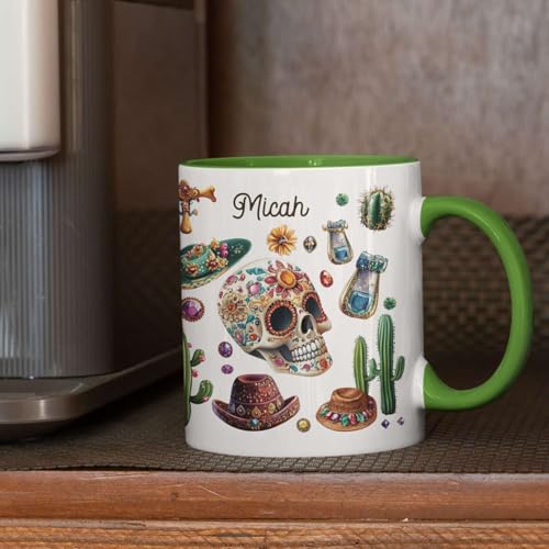 Personalized Name Ceramic Cup, Custom Artistic Skull Coffee Mug, Customized Mexican Inspired Full Wrap Cup, Vibrant Floral And Cactus White Cup 11oz 15oz, Gift For Friends Family - color: XUA-1124-3659-Mexican Holiday Mug