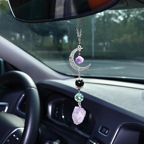 Car Rear View Mirror Accessories Witchy Hanging Ornament, Boho Unique Rearview Decor Charm Handmade Crystal Beads Swinging Moon Cute Interior Decor for Women Men - color: Amethyst Moon