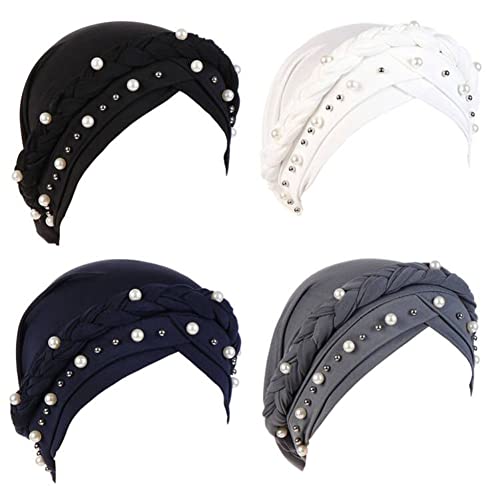 Fxhixiy Women Chemo Beanie Beaded Pearl Braid Turban Headwear for Hair Loss - color: Black White Navy Gray
