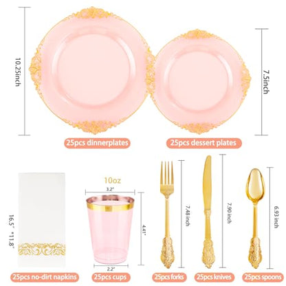 Hioasis 175pcs Pink and Gold Plates - Pink Party Plates for 25 Guest, Include 50 Heavy-duty Plates(20% Thicker Than Standard), 75 Cutlery Set, 25 Napkin, 25 Cups for Party & Easter - color: Pink and Gold