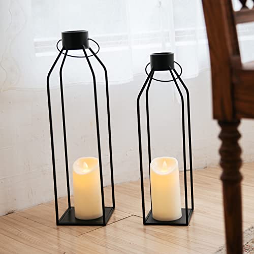 HPC Decor 55.9cm(22인치) 48.3cm(19인치) 랜턴 장식, 깜박이는 타이머 양초 포함 - 대형 톨 블랙 메탈 캔들 랜턴 2개 세트 - 실내, 실외, 탁상, 현관을 위한 현대적인 농가 장식 (유리 없음) - size: 22inch and 19inch（Black）