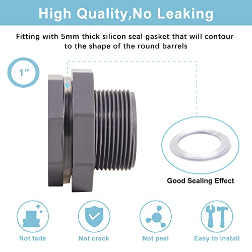 Ququyi 1 Inch PVC Bulkhead Water Tank Connector Adapter Fitting with Plugs Thru-Bulk Pipe Fitting for Rain Barrels, Aquariums, Ponds(Set of 3) - size: 1"-3pcs