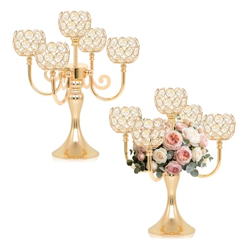 5 Arm Metal Crystal Candelabra Centerpiece - 13.4 Inch Elegant Candle Holder with Crystal Beads for Wedding Party Christmas Home Dining Table Decoration (2, Gold) - color: Style-a-gold