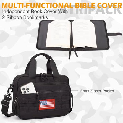 ATRIPACK Tactical Large Bible Cover for Men,Double Layer Bibles Bag With Detachable Book Carrying Case, Covers for Bible Organizer with Zippered Pockets,Church Case with Handle. - color: black
