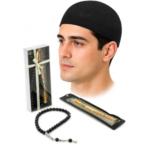 ihvan online Men’s Muslim Kufi Hat Set with Tasbih Prayer Beads & Miswak, Islamic Gift for Ramadan, Eid Mubarak, Hajj & Umrah - color: Black