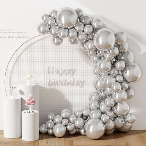 DECOCKRAT 130PCS Metallic Silver Balloons, Latex Balloon Different Sizes 18/12/10/5 In, Helium Balloon with Ribbon, Party Balloon for Birthday Wedding Graduation Anniversary Baby Shower Decoration - color: 34 Metallic Silver