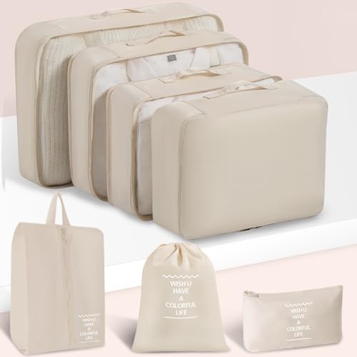 Packing Cubes 7 Set Travel Essentials for Carry on Luggage Organizers Bag Packing Cubes for Suitcases Travel Accessories() - color: Beige